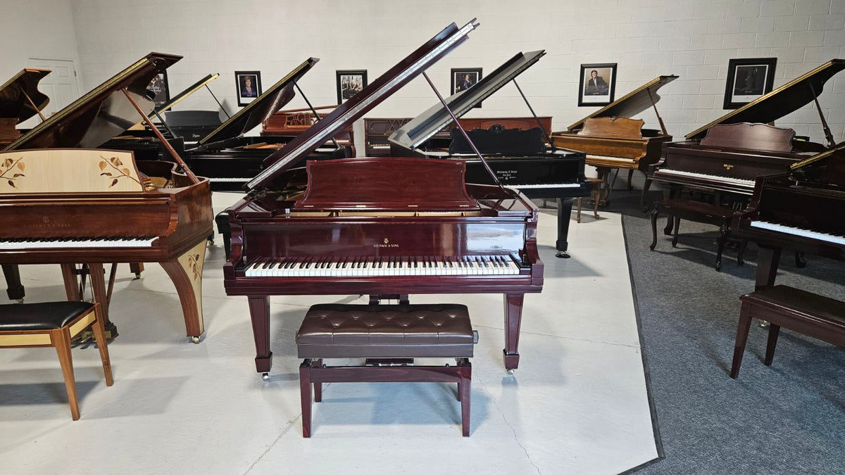 A selection of grand pianos in a piano showroom